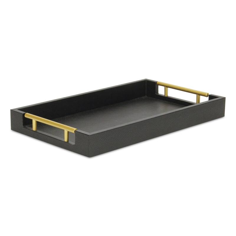 HomeRoots 16" Black Wood Faux Shagreen Serving Tray With Handles - 15.75 in. x 1.75 in. x 9.50 in.