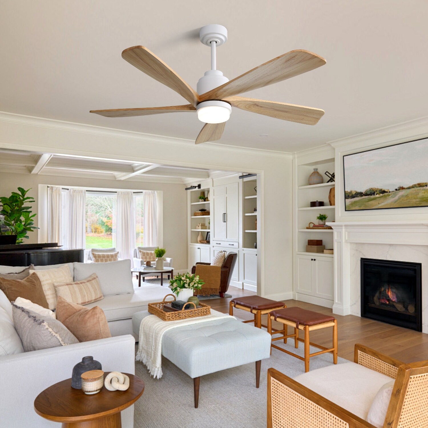White Smart Ceiling Fan with Dimmable LED Light 5 Solid Wood Blades