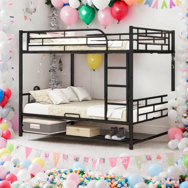 slide 2 of 9, Full over Full Metal Bunk Bed with Shelf and Guardrails for Home Black