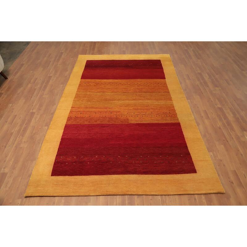 Hand Knotted Oriental 100% Wool Carpet Modern Stripe Oranges & Rust Gabbeh Area Rug - 9' 11'' X 6' 2''