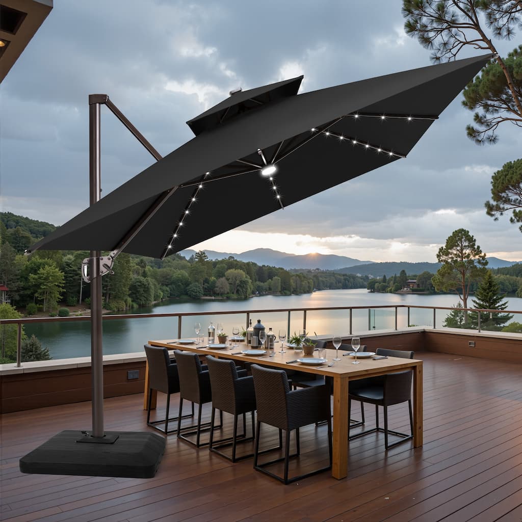 10 FT * 13 FT Outdoor Patio LED Lighted Cantilever Umbrella with 4-Piece Fillable Weighted Base