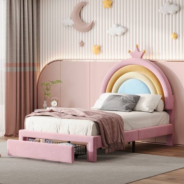 slide 2 of 17, Twin/Full Size Upholstered Kids Platform Bed Frame with Rainbow Design Headboard, Velvet Princess Bed with Storage Drawer Twin