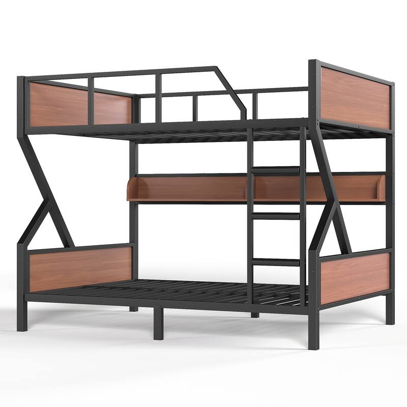 Full over Full Bunk Bed, Metal Bunk Bed with Storage Shelves and Lights, Space-saving & Noise-free Design, Black