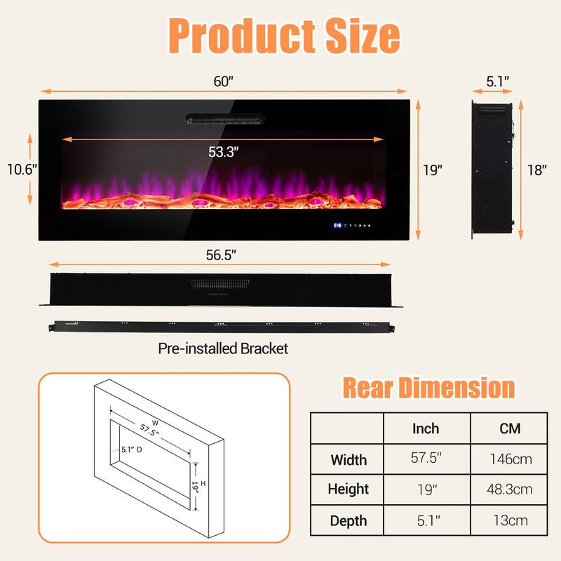 Costway 50''\60'' Electric Fireplace Recessed Wall Mounted Heater