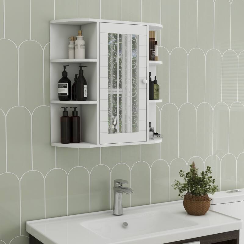 Wall-Mounted Bathroom Medicine Cabinet with Mirror Door, 6 Open Shelves and 3 Adjustable Shelves - 6.69X23.42 in
