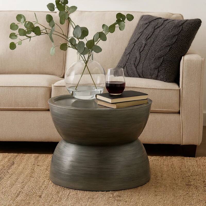 Accent Coffee Table, 25 Inch Hourglass Shape, Gray Hammered Finish