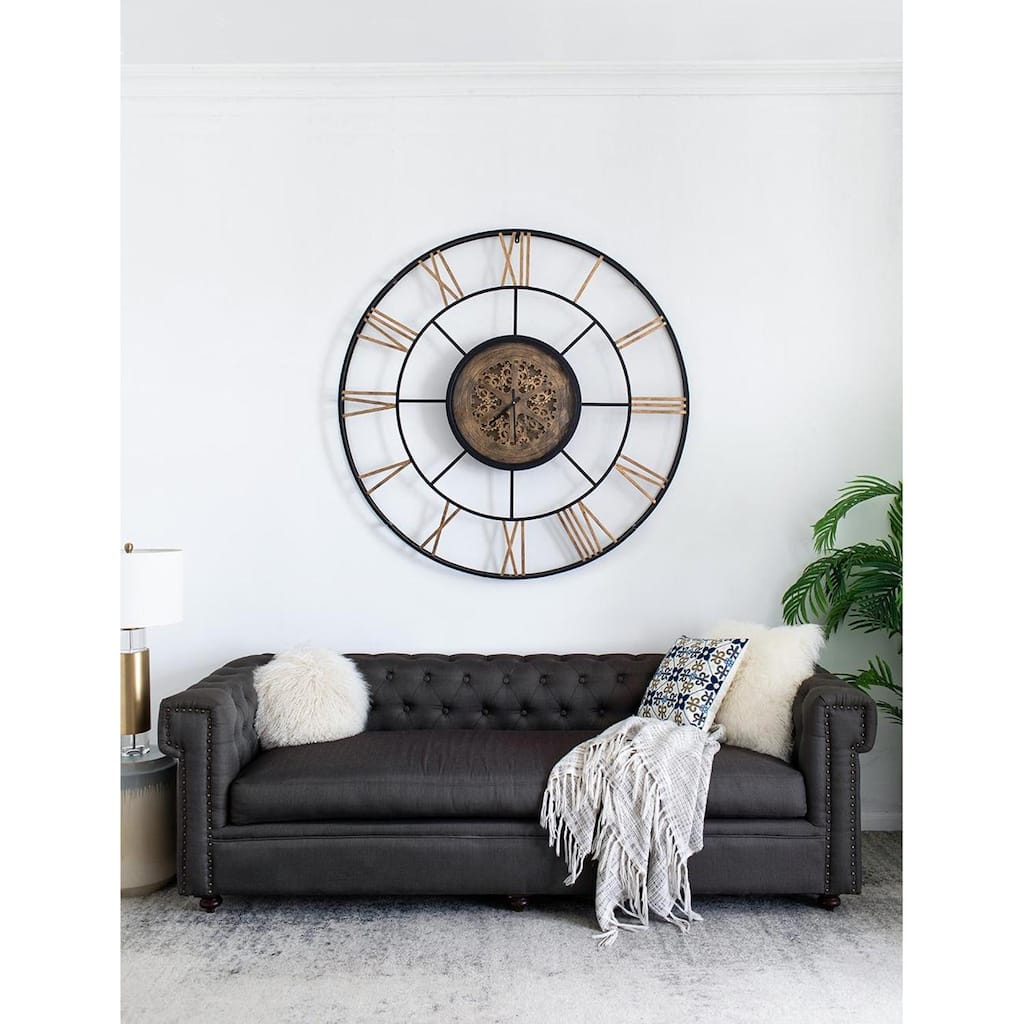 HomeRoots 56" Circle Copper Metal and Glass Analog Exposed Gear Wall Clock - 55.90 in. x 55.90 in. x 3.50 in.