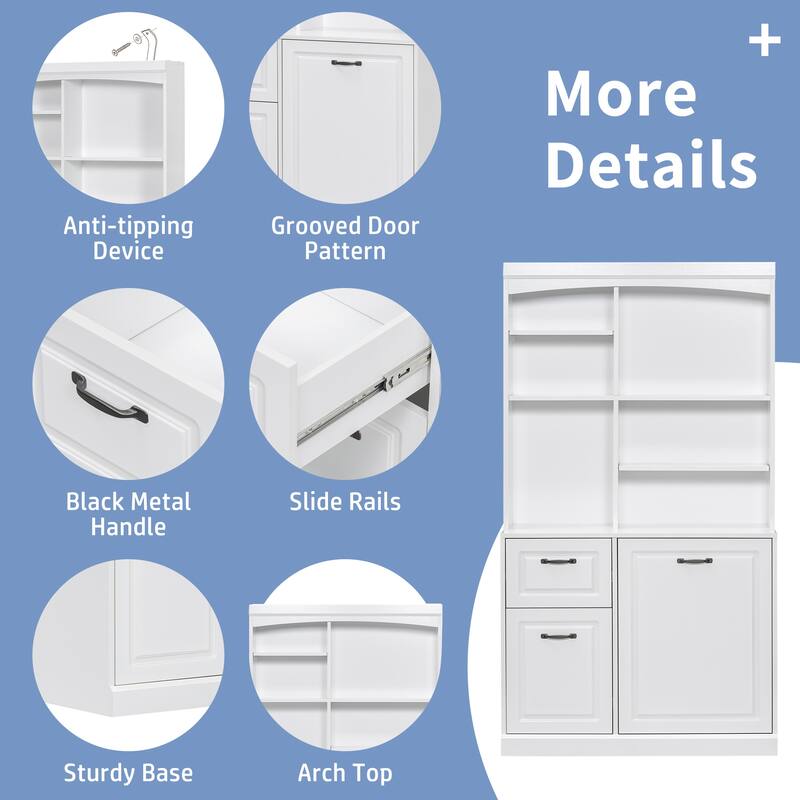 Bathroom Tall Free Standing Cabinet Storage Floor Cabinet w/ Adjustable Shelves, Drawers, Tilt-Out Linen Hamper & Steel Handles
