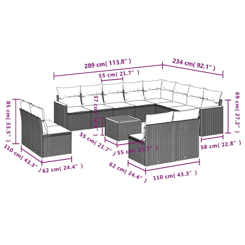 vidaXL 12/13 Piece Patio Sofa Set with Cushions Black/Gray Poly Rattan - 24.4 x 24.4 x 27.2