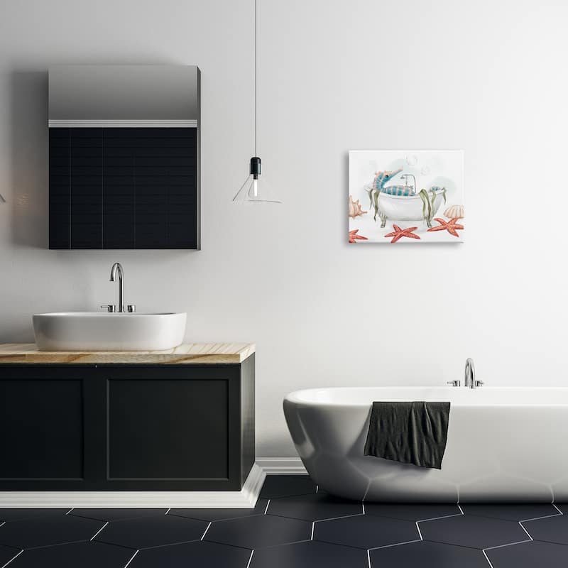 Stupell Seahorse Resting Nautical Bath Tub Starfish Bubbles Canvas Wall Art - Red