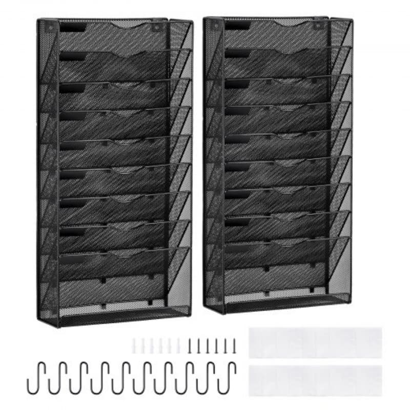 Wall-Mounted File Organizer, 10-Pocket Mesh Rack for Documents, Magazines & Mail - 12.60 x 4.13 x 25.59 in - Black