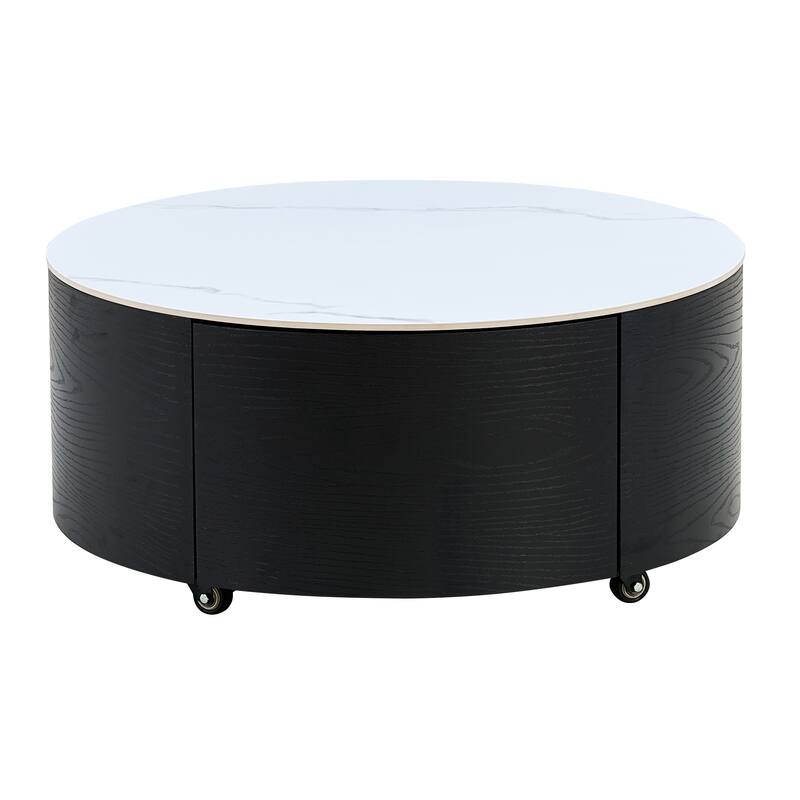 Luxury Faux Marble Coffee Table, Small Round Movable Center Table with Casters, Modern Cocktail Tea Table with 2 Storage Drawers