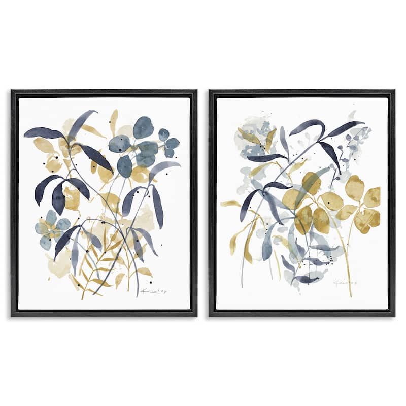 Stupell Whimsy Watercolor Botanicals Framed Floater Canvas Wall Art Design By Krinlox (Set of 2) - 17 x 21 - Black