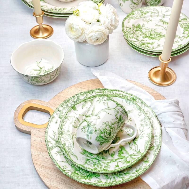 222 Fifth Adelaide Moss 16-Piece Porcelain Dinnerware Set - Service for 4, Green Plates, Bowls & Mugs
