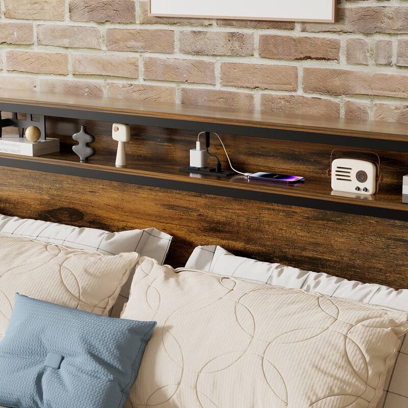 Metal Platform Bed with Storage Shelf Headboard, LED Lights, Charging Station, Noise Free, No Box Spring Needed, Antique Brown