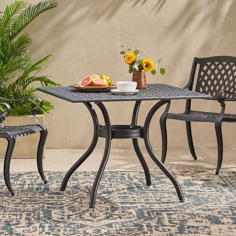 Roomfitters Cast Aluminum Square Outdoor Dining Table with Lattice Design and Curved Legs, Weather-Resistant, Black