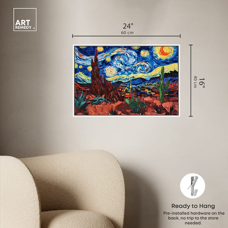 Art Remedy Desert Night Stars Framed Impressionism 1 Piece Canvas Wall Art /Monet And Van Gogh Inspired Art