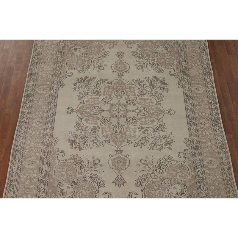 Beige Distressed Tabriz Vintage Persian Rug Hand-Knotted Wool Carpet - 6'9" x 9'6"