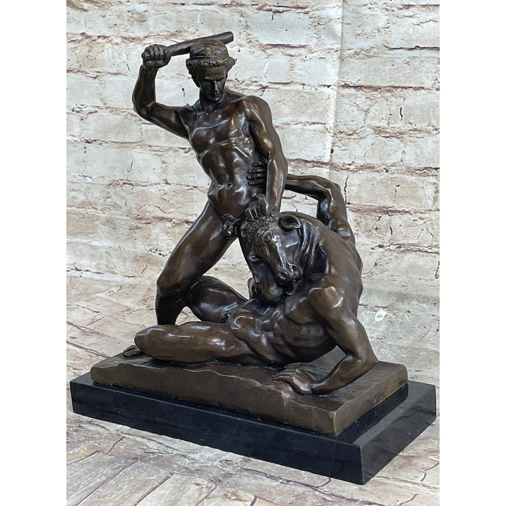 Signed Original Theseus Slaying The Minotaur Bronze Greek Mythical Art Sculpture