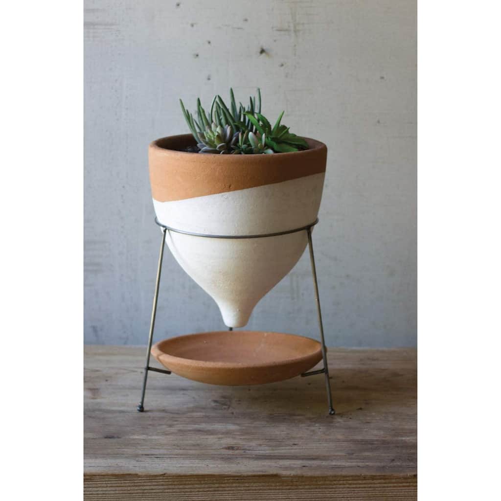 Natural & White Large Terracotta Funnel Planter With Wire Base