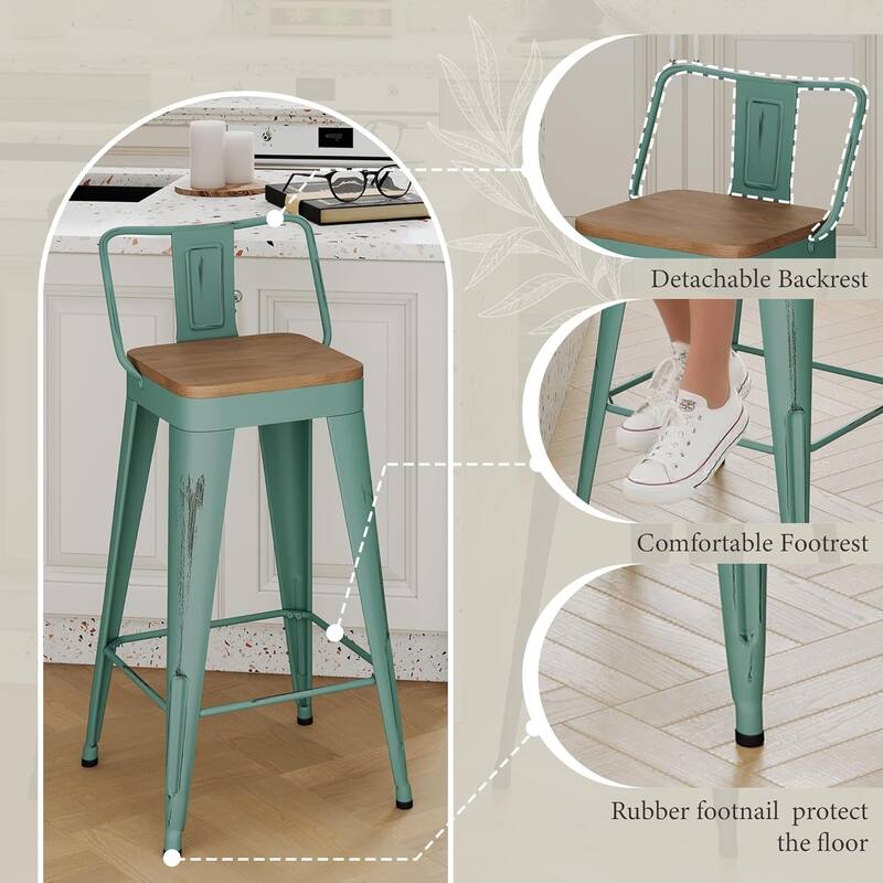 Industrial Style Bar & Counter Stools with Metal Frame Kitchen 26" and 30" Seat Height Stools with Low Back and Wooden Seat