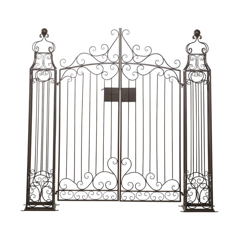 Dark Brown Metal Indoor Outdoor Scrollwork Arched Gate Garden Arbor with Pillars and Latch Lock Closure