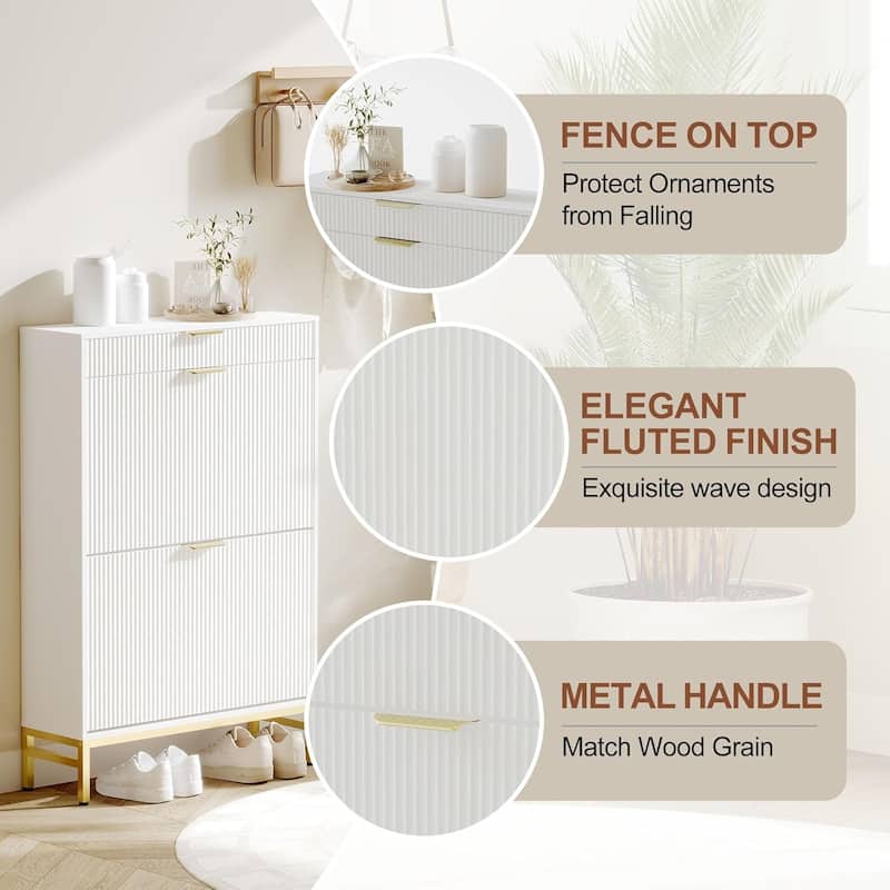 Fluted Shoe Storage Cabinet, Narrow Shoe Organizer with 2 Flip Drawers