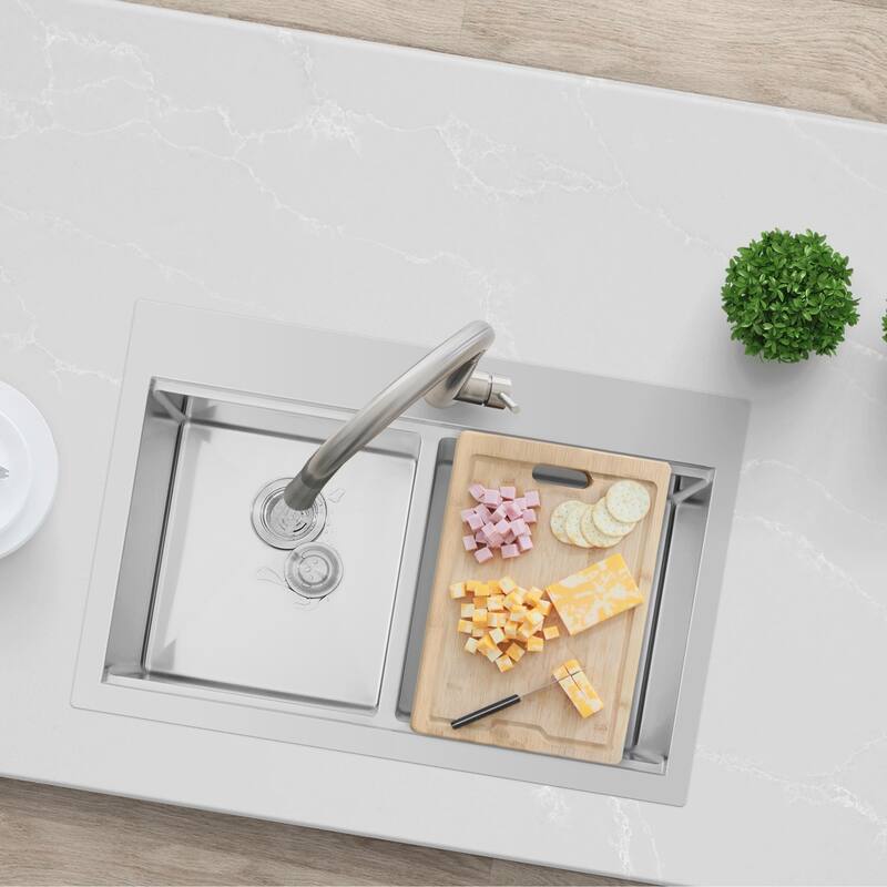 AZUNI 31.25 inch Top Mount Double Bowl Stainless Steel Ledge Workstation Kitchen Sink Handmade - 31.25" x 20.2" x 9"