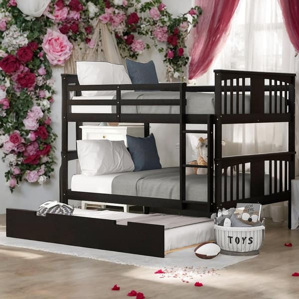 slide 2 of 13, Modren Full over Full Bunk Bed with Twin Size Trundle and Ladder For Bedroom,Kids Espresso