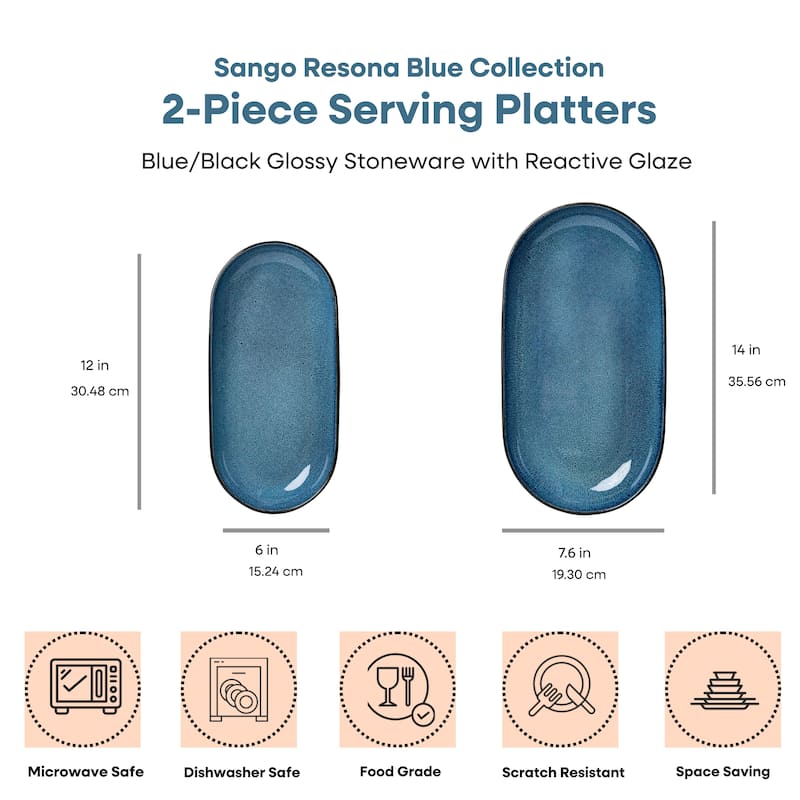 Sango Resona Blue/Black Large Ceramic Serving Platters Set of 2, 14/12 Inch