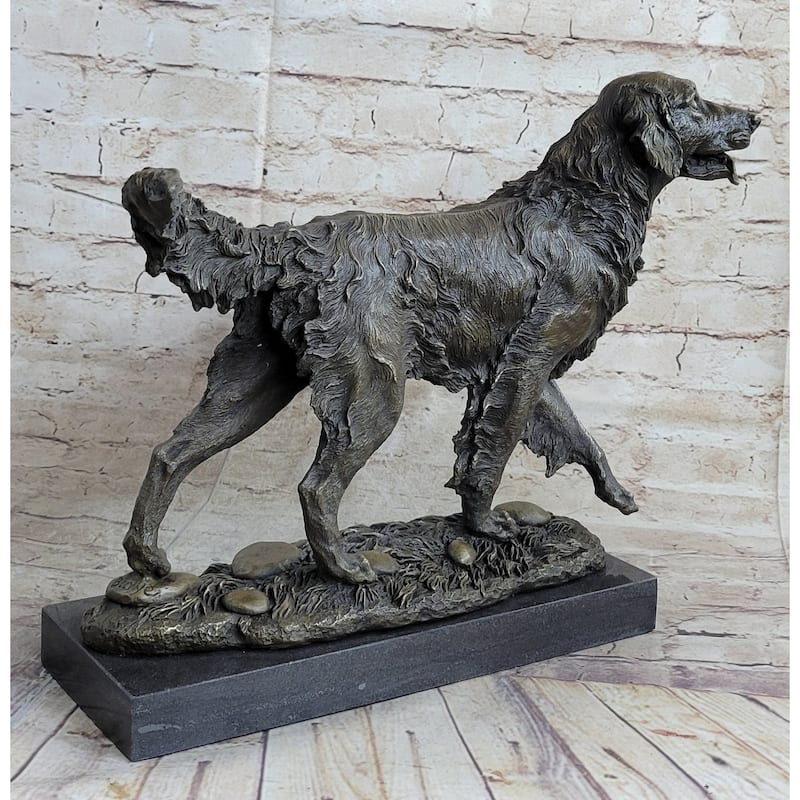 Golden Retriever Dog Bronze Statue Sculpture Figure On Marble Base Signed Art