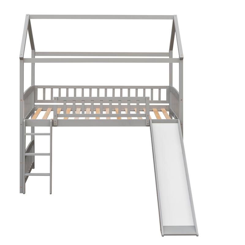 Play House Bed Twin Loft Bed with Wood Frame, Ladder and Guardrails