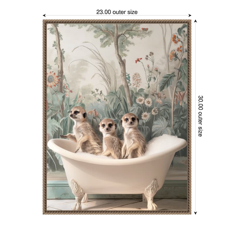 Meerkat Bath Time Fun by Niky Rahner Framed Canvas Wall Art - 23 x 30 in