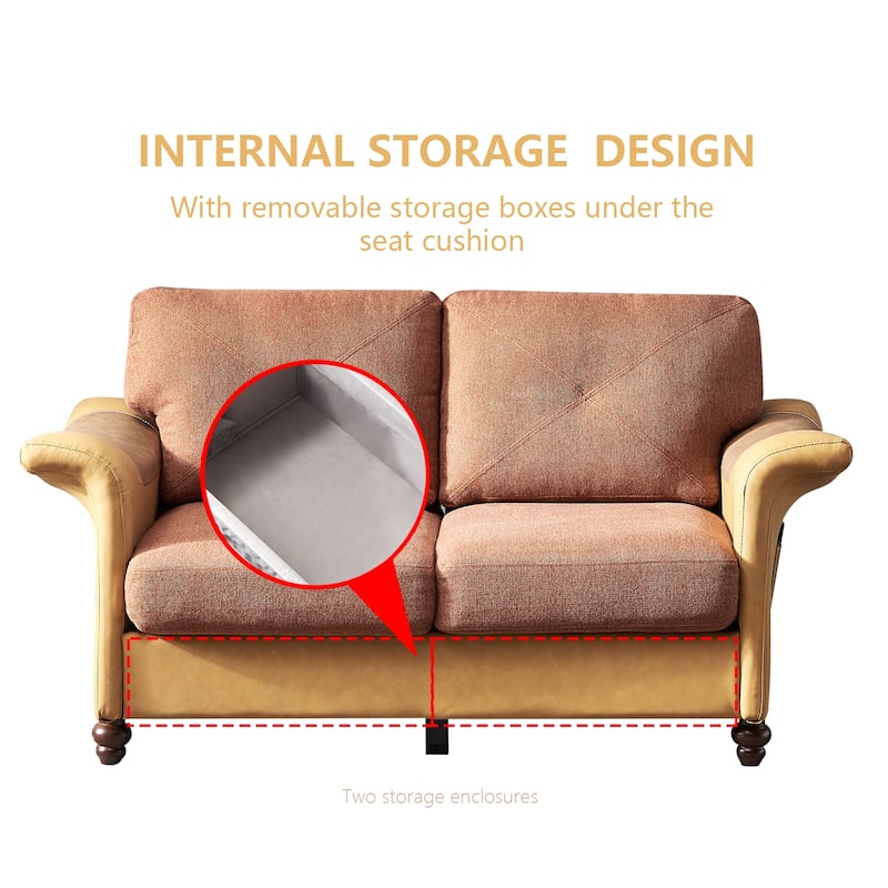 2 Piece Linen and Faux Leather Fabric Sectional sofa, 2+3 seat with Saddle Armrest and Solid Wood Legs