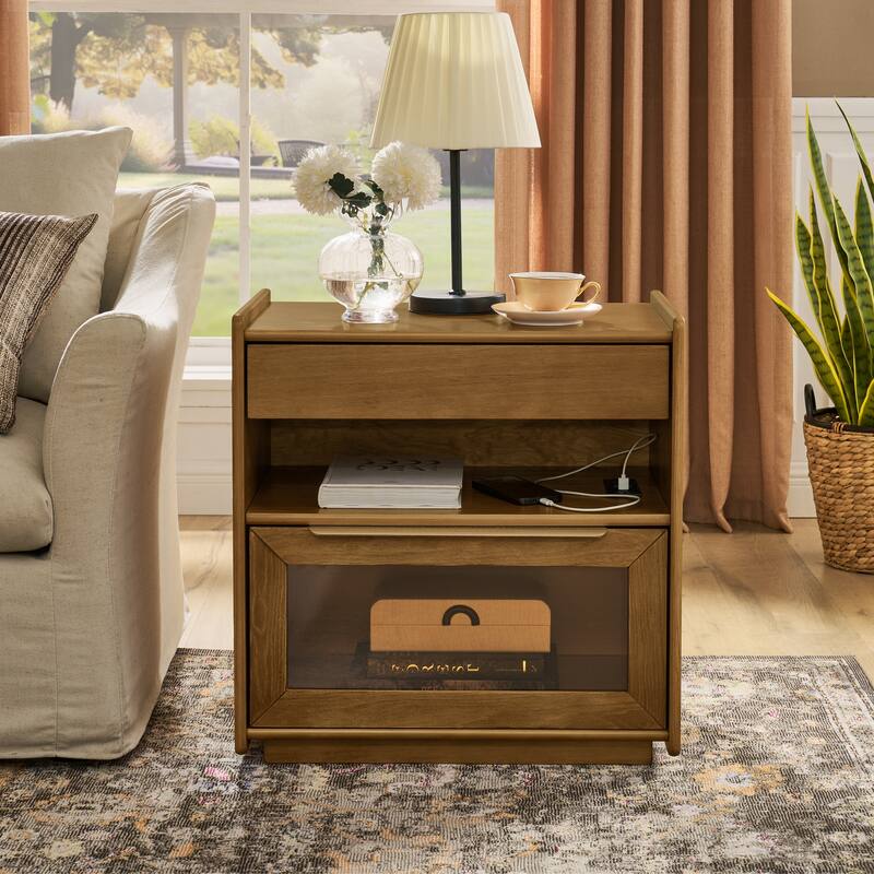 Mid Century Modern Nightstand with Charging Station & Outlet Hole & 2 Drawers, with Open Shelf & Glass Drawer Dresser - Walnut