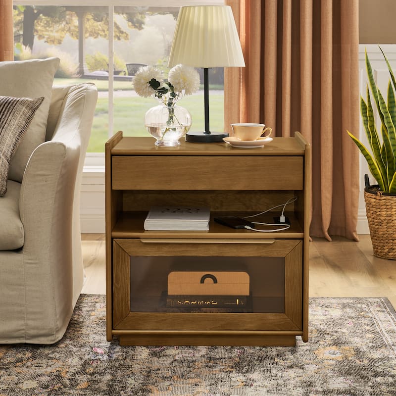 Mid-Century Modern Nightstand with USB Charging Station‌ - End Table Featuring 2 Drawers, Open Shelf & Glass-Front Cabinet
