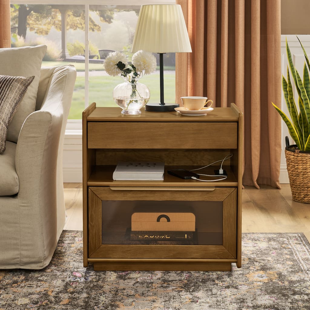 Modern Nightstand with Charging Station, LED Light, and Fabric Drawers, Remote-Controlled, Easy Installation