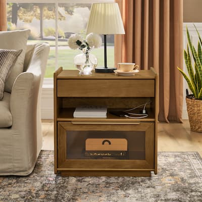 Modern Nightstand with Charging Station & Outlet Hole & 2 Drawers, Farmhouse End Table with Open Shelf & Glass Drawer Dresser