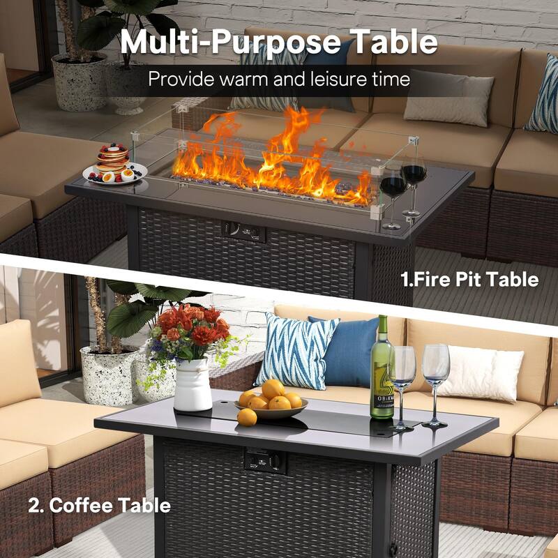 8 PCS Wicker Patio Conversation Set With Fire Table