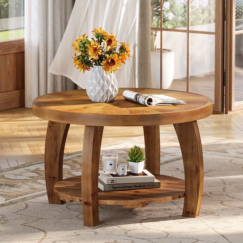 31.5 Inch Solid Wood Round Coffee Table with Storage