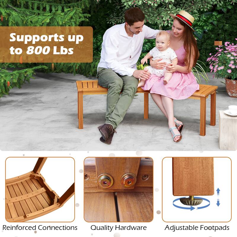 Gymax Set of 2 Outdoor Curved Bench w/ Slatted Seat Solid Acacia Wood