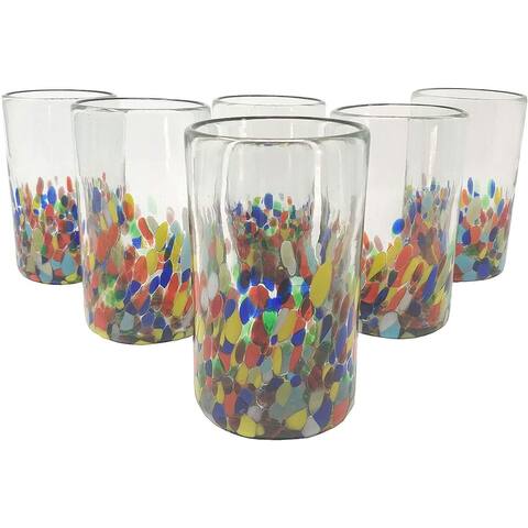 Dos Suenos Hand Blown Mexican Drinking Glasses - Set of 6 Confetti Carmen Design Glasses (14 oz each)