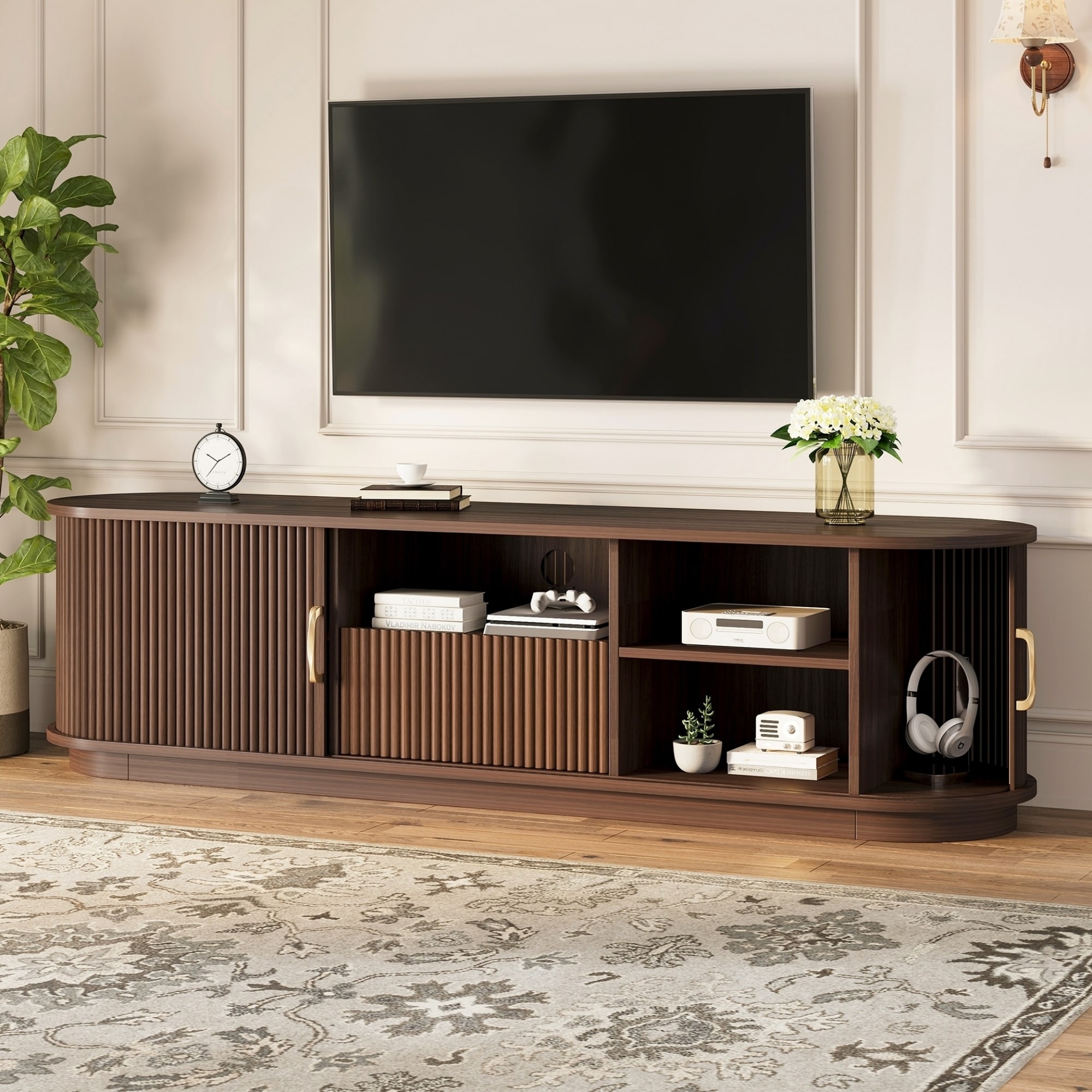 Vintage Rustic TV Stand with Sliding Doors & Drawer for TVs up to 75"