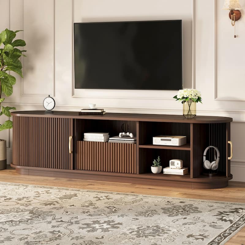 Vintage TV Stand with Sliding Wood Slatted Doors for TVs up to 75", with Drawer, Wood Grain Media Console with Cable Management - Walnut