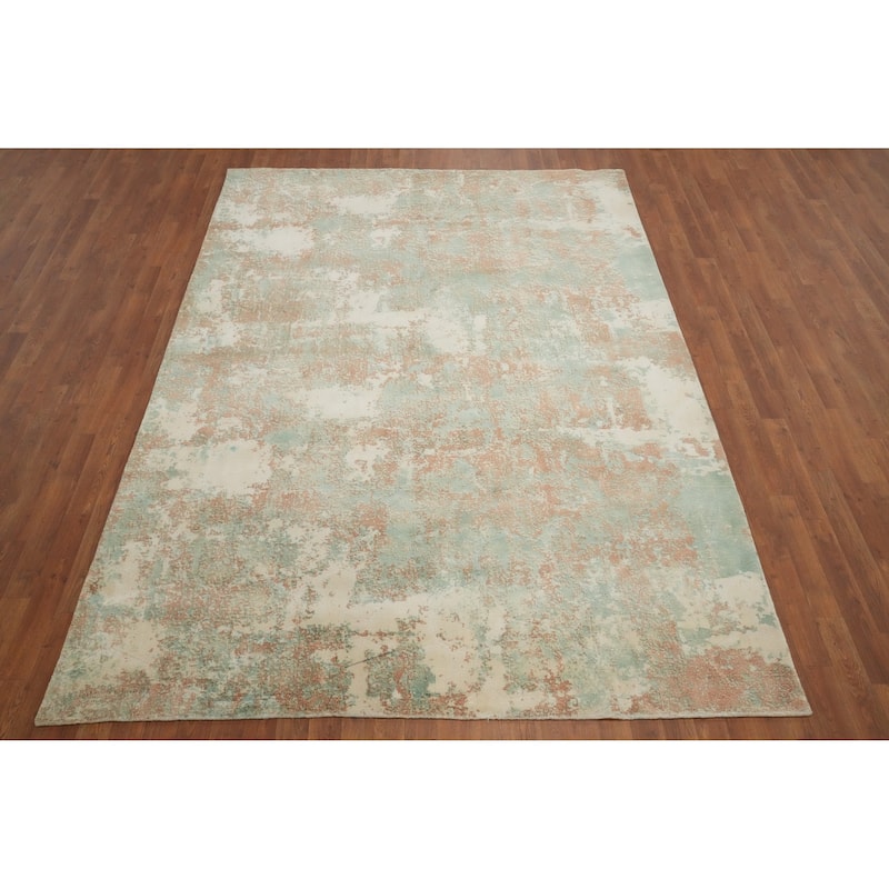 Hand Knotted Oriental Viscose Silk Carpet Modern Abstract Green Abstract Area Rug - 9' 4'' X 6' 7''