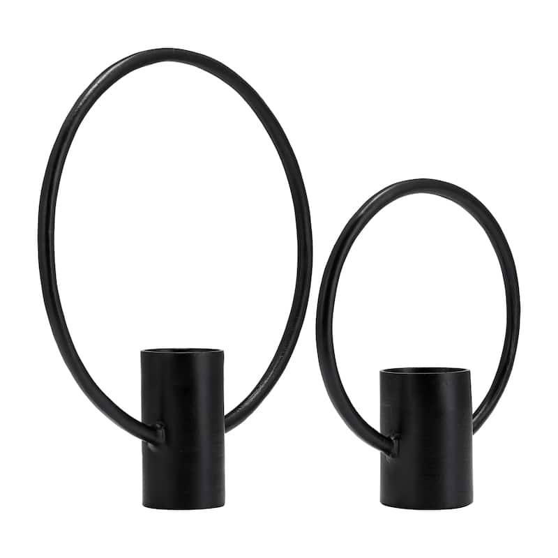 Set of 2 Metal Decorative Ring Candle Holders Contemporary Abstract Black Aluminum Ring Candle Displays for Home or