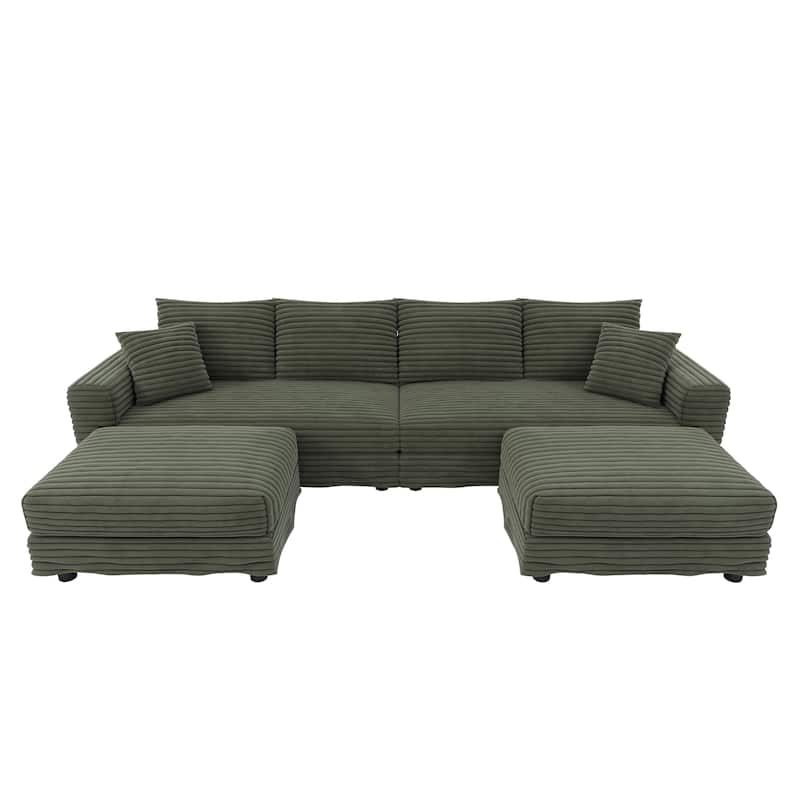 102.4" Corduroy Couch with Ottomans, 4 Seat Convertible Modular Sectional Sofa, Upholstered Couches with Pillows for Living Room
