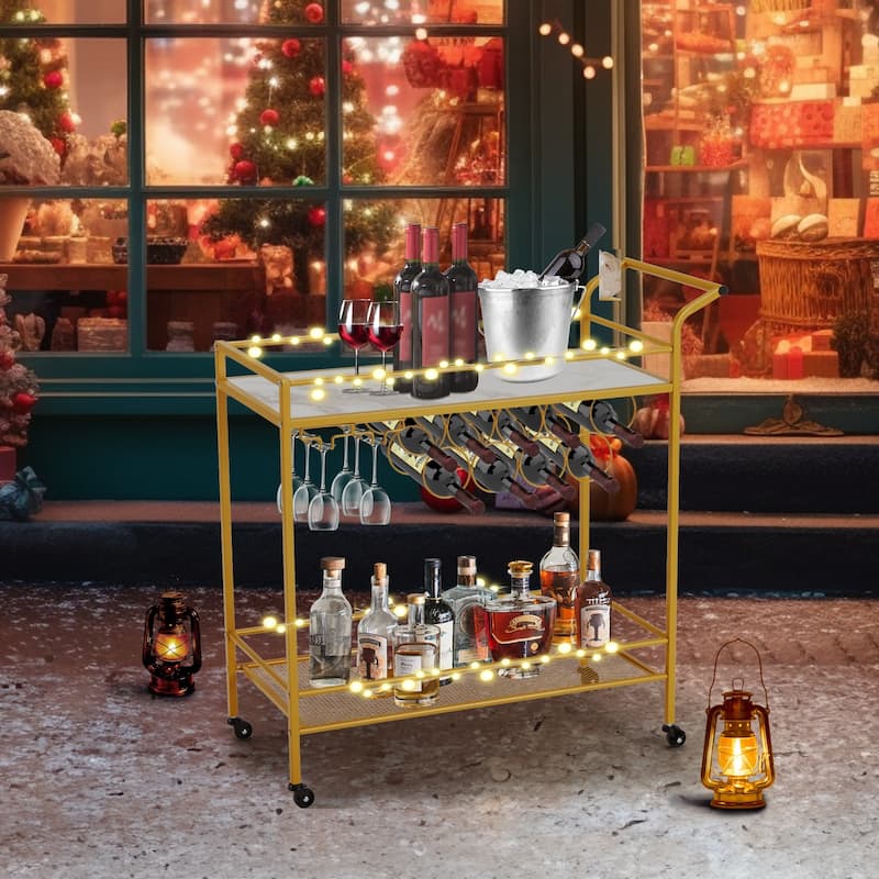 EROMMY Gold Bar Cart with Wheels, Rolling Liquor Cart with Wine Rack and Glass Holder, Modern Bar Trolley for Home Kitchen.