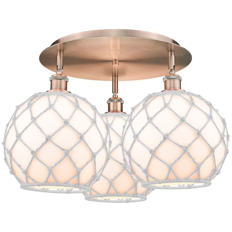 Innovations Lighting Endless Possibilities Ballston - Farmhouse Rope - 3 Light 22" Flush Mount - White Glass with White Rope/Antique Copper