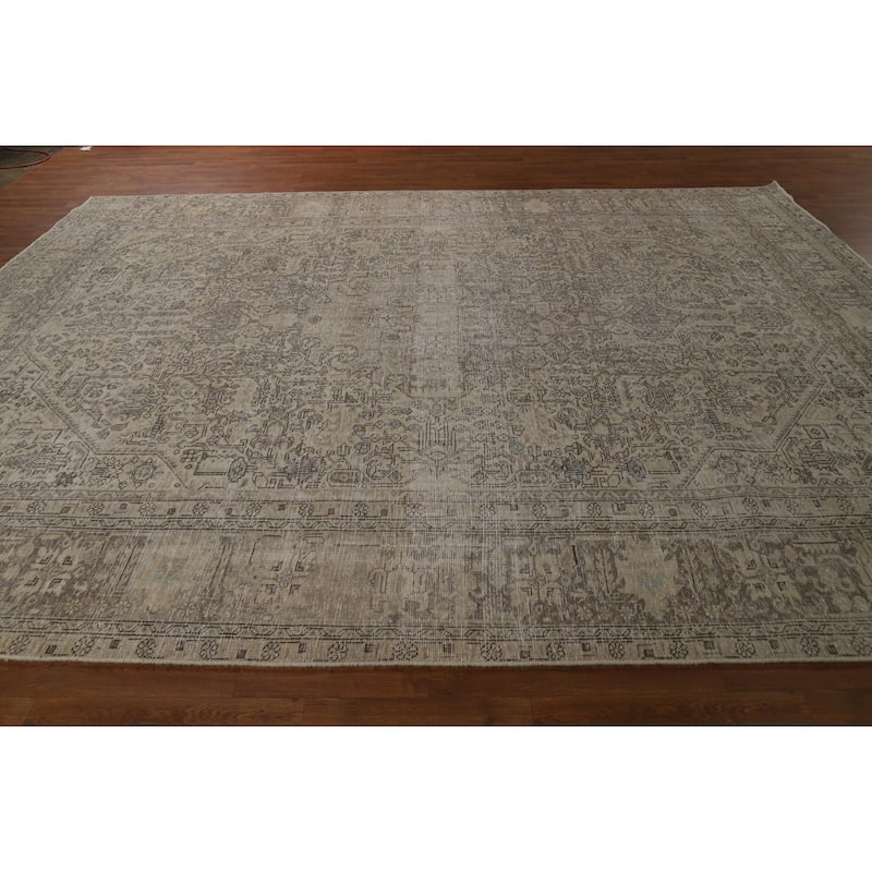 Geometric Tabriz Persian Vintage Rug Hand-Knotted Beige Wool Carpet - 9'1" x 12'4"